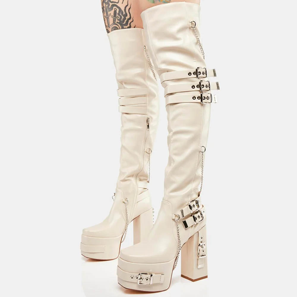 White Square Toe Boots Thick Soled Chunky Heel Over the Knee Boots