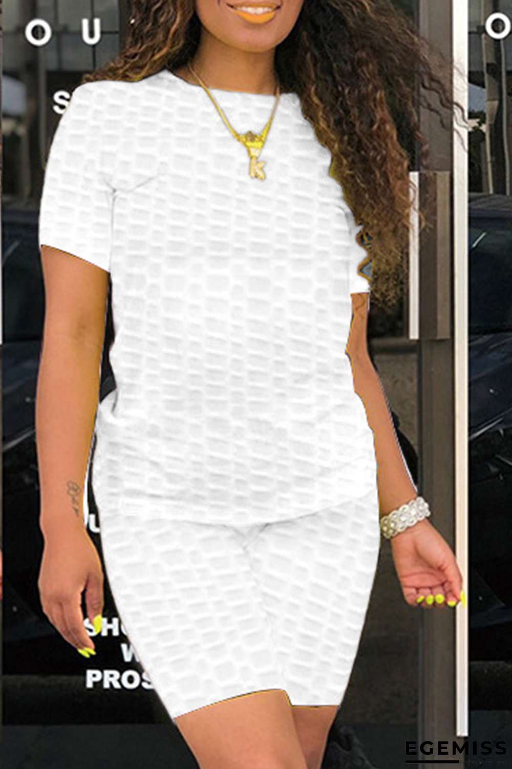 White Casual Solid Patchwork O Neck Short Sleeve Two Pieces | EGEMISS