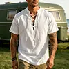 Men's Retro Vacation-Style V-Neck Lace-Up Short-Sleeve Henley Shirt by Inlyline