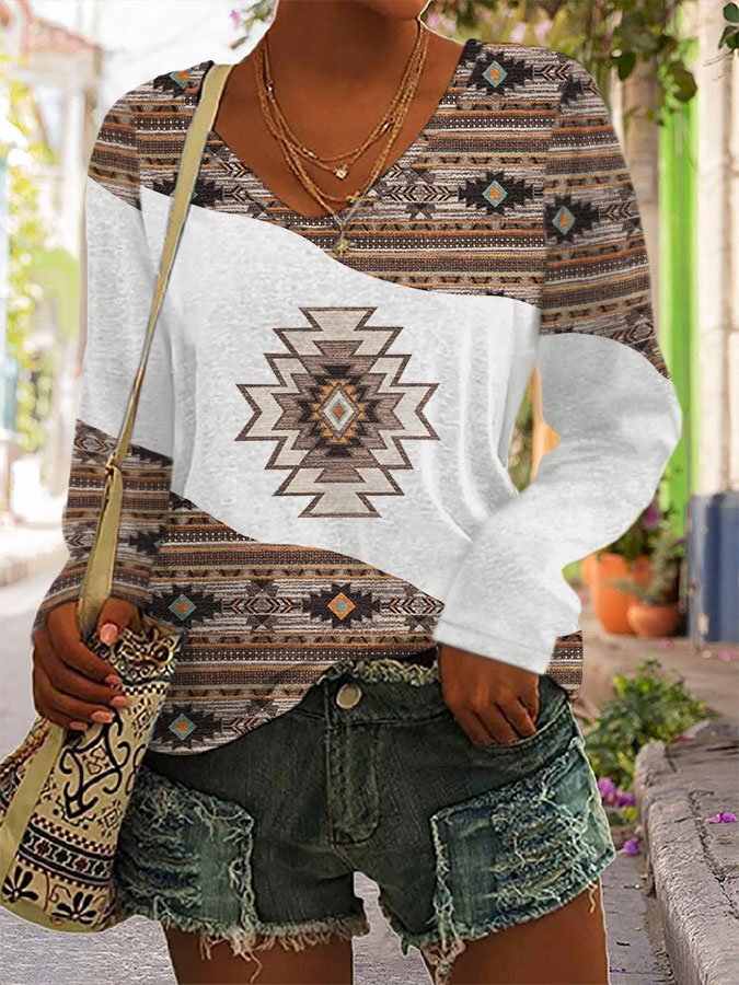 Vintage Geometric Print V-Neck Long Sleeve T-Shirt