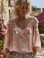 Vintage Boho Rose Embroidered Long Sleeve Cozy Linen T Shirt