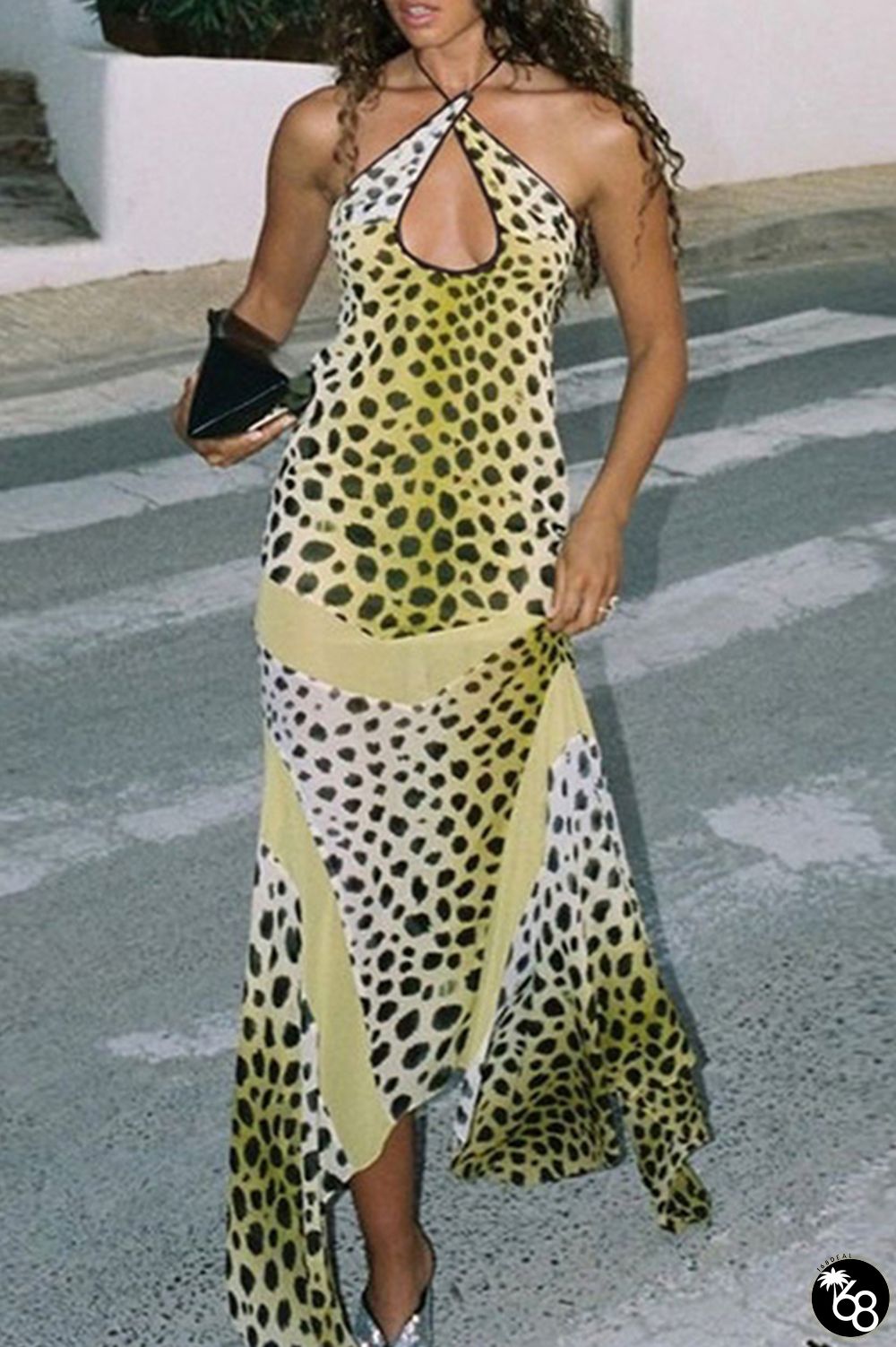 Street Print Hollowed Out Patchwork Halter Irregular Dresses | 168DEAL