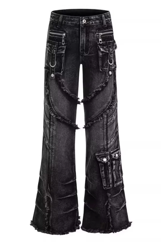 Edgy Y2K Oversized Raw Hem Flare Denim Pants