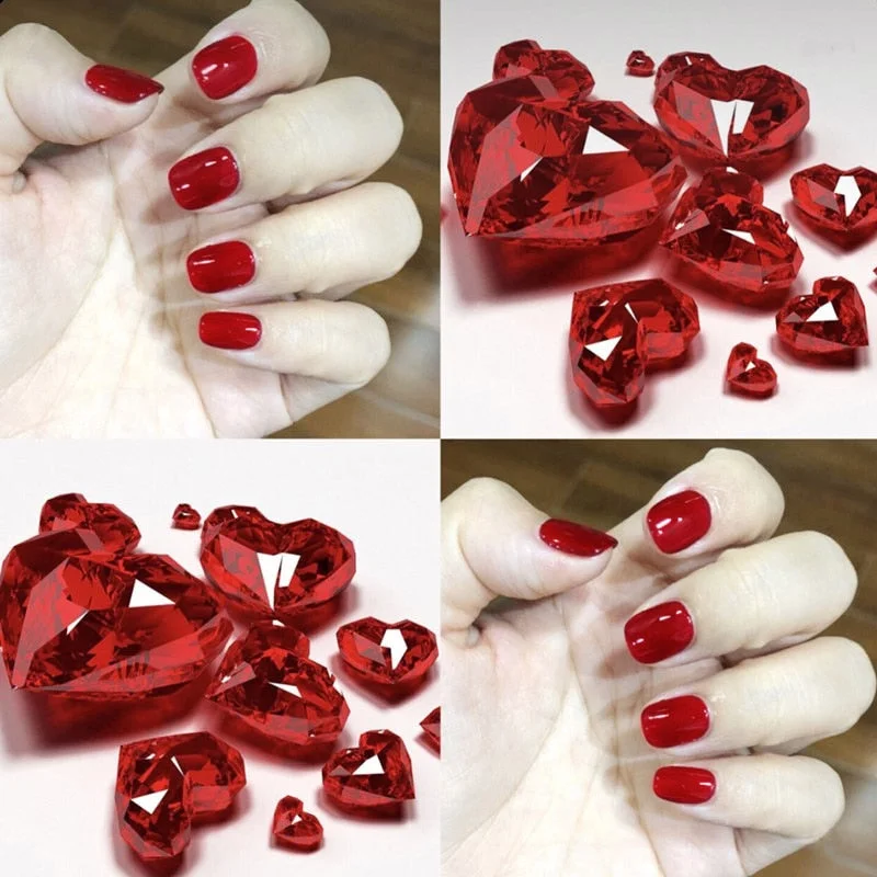 New Women Sweet Manicure Decorations Short Red Elegnet Fake Nail Tips with Glue Full Cover Fashion Simple Solid Color False Nail