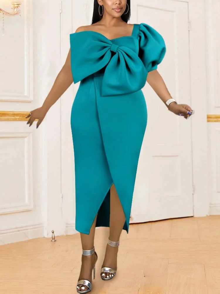 Bow Trimmed Single Bubble Sleeve Wrap Skirt Plain Color Cocktail Dress