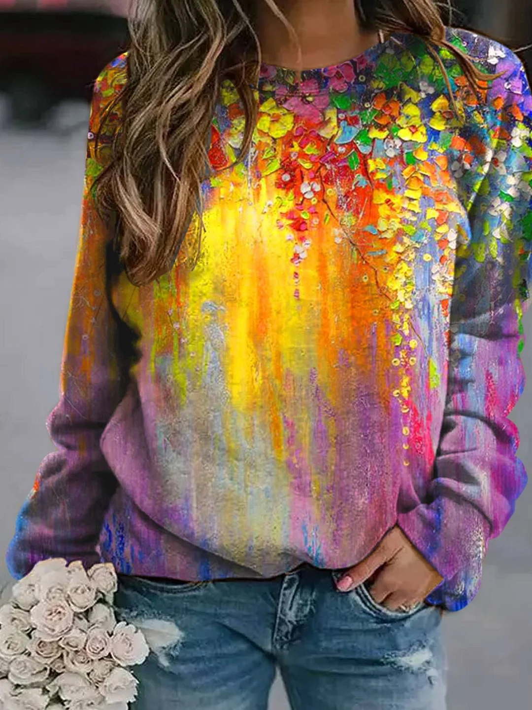 Women's Floral Print Casual Crew Neck Sweatshirt
