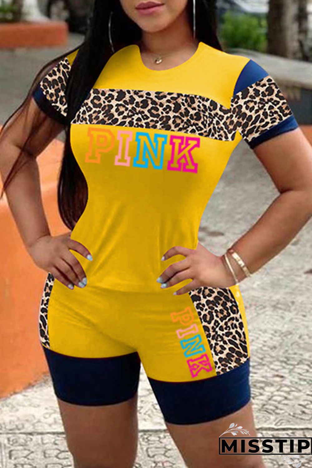 Black Fashion Casual Letter Print Leopard Patchwork O Neck Short Sleeve Two Pieces