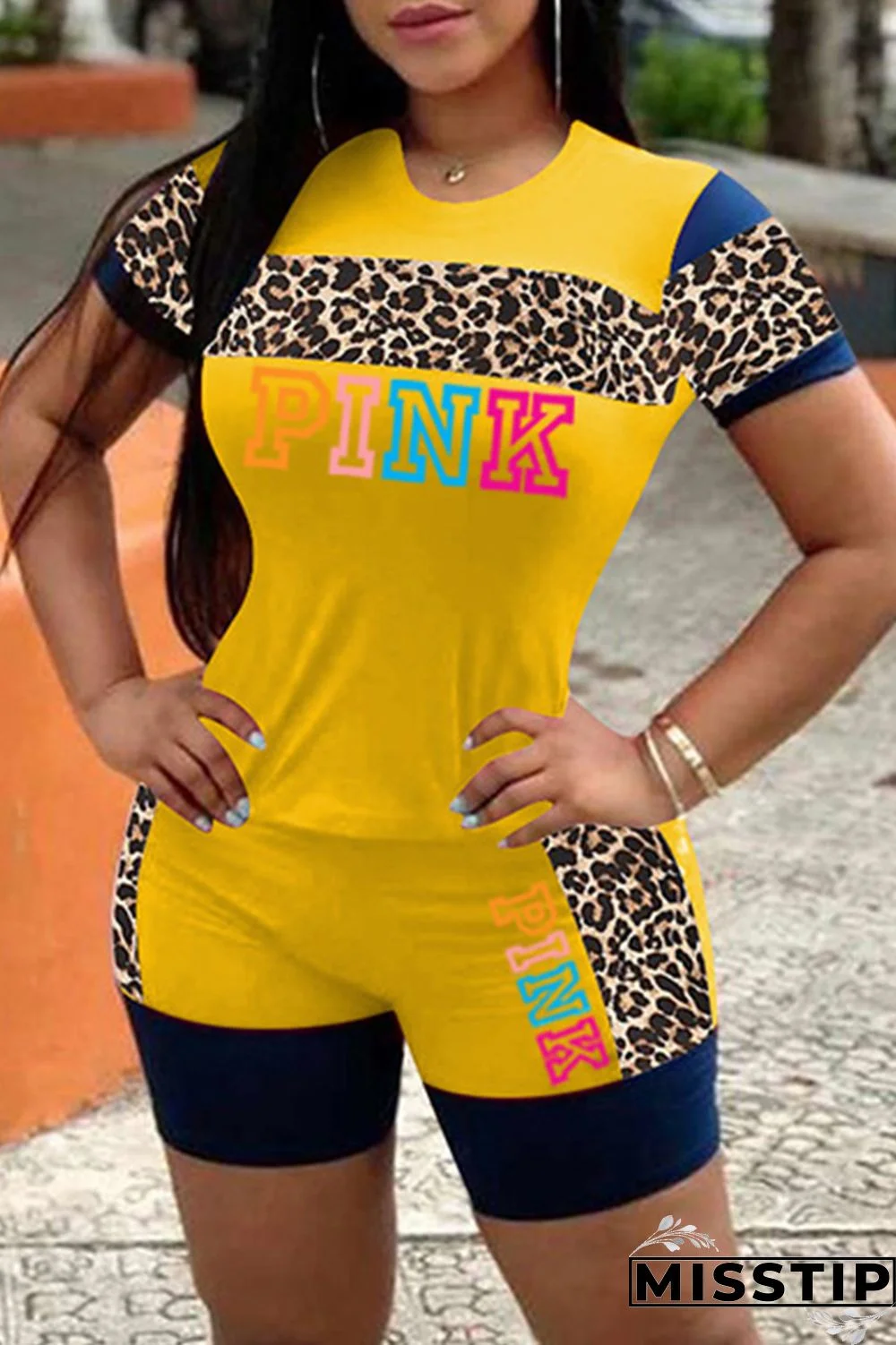 Black Fashion Casual Letter Print Leopard Patchwork O Neck Short Sleeve Two Pieces