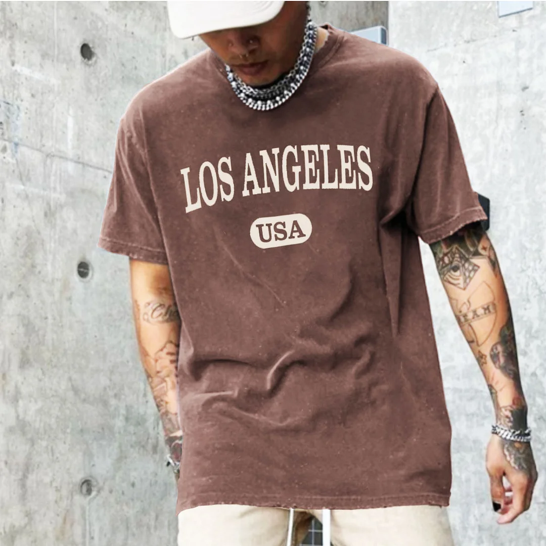 Men's Vintage Los Angeles Print T-Shirt-Brown
