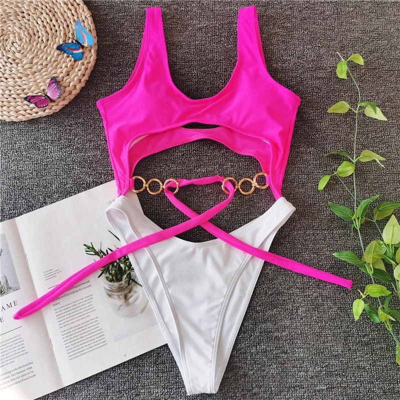 Peachtan hollow out swimsuit one piece 2020 Chain swimwear women Patchwork bodysuits monokini High cut bathers bathing suit new