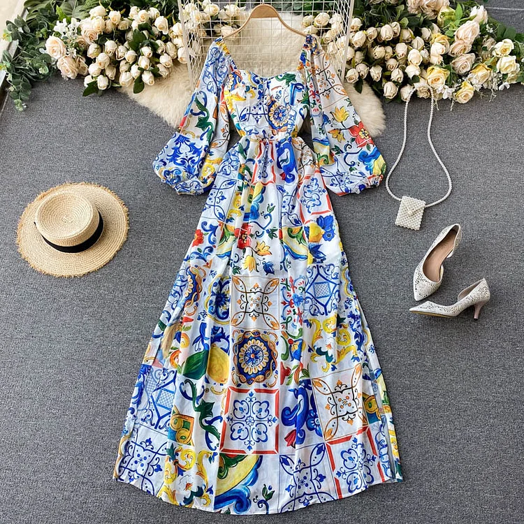 Flaxmaker Squared Neck Puff Sleeve Retro Printed Dress