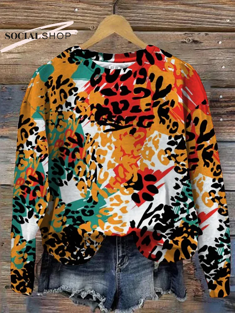 Stitching Color Leopard Print Ladies Casual Round Neck Long Sleeves Top socialshop