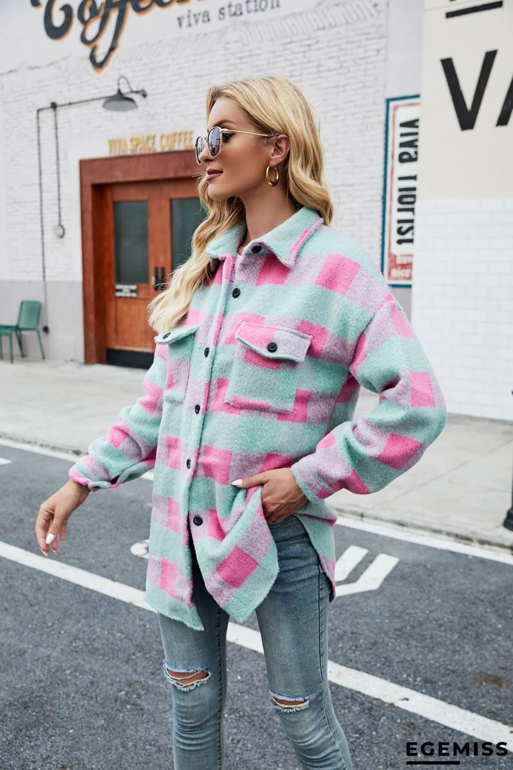 Autumn Winter Suede Coat Single Breasted Lapel Long Sleeve Plaid Cardigan Shirt | EGEMISS