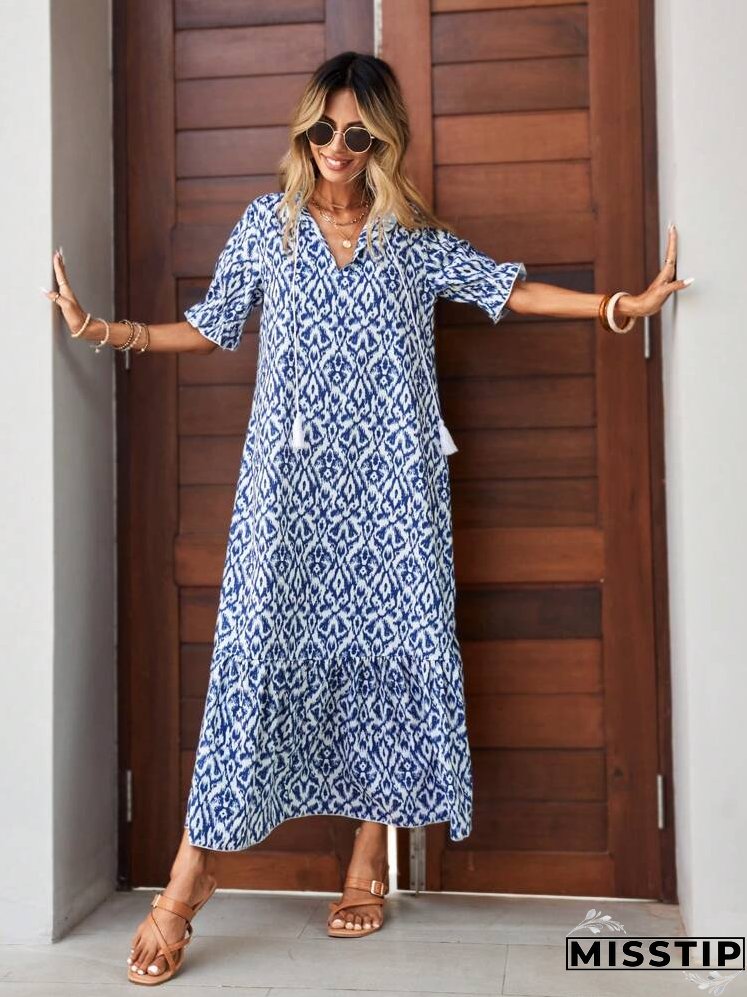 Allover Print Tassel Tie Neck Flounce Sleeve Ruffle Hem Smock Dress