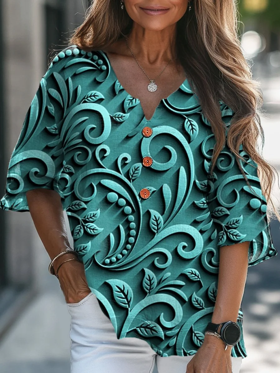 Vintage Spring Bough Pattern Printed Women's Casual Linen V-Neck Shirt