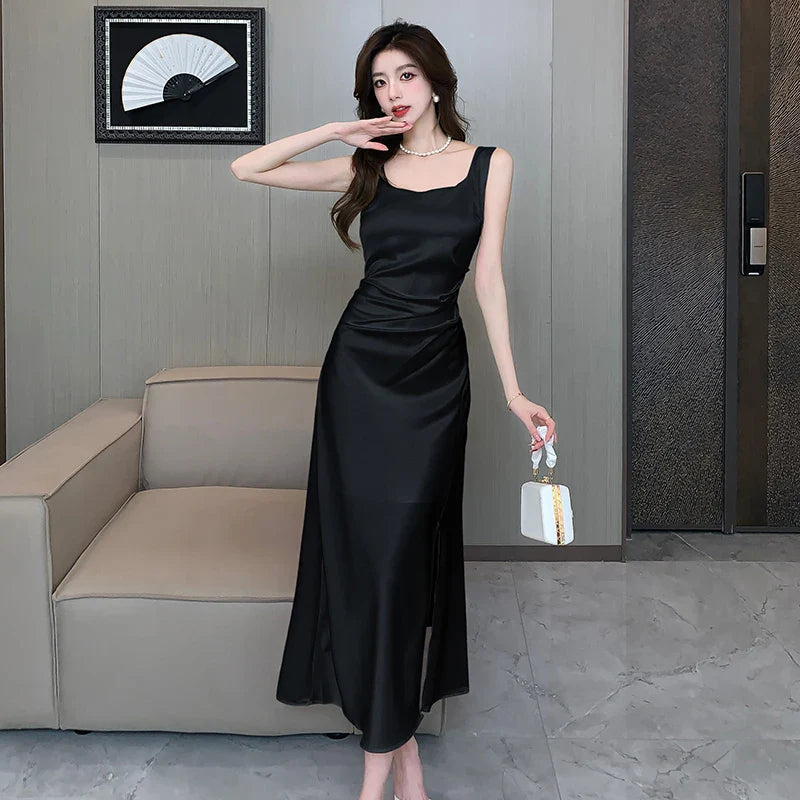 Llyge Summer French Elegant and Stylish Square Collar Midi Party Dress For Women Sleeveless Black White Slim Vestidos Female Clothes llyge