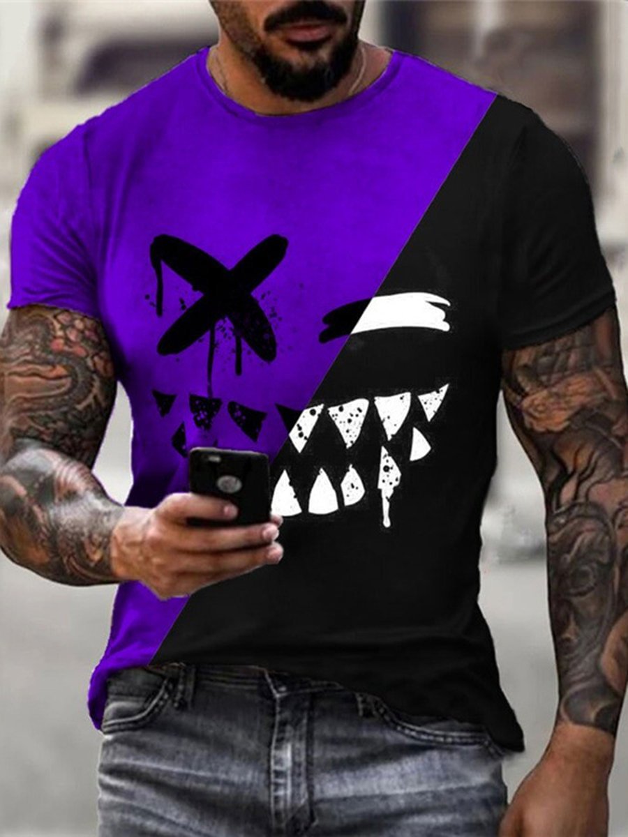 Men's round neck short sleeve T-shirt with color matching smiley face