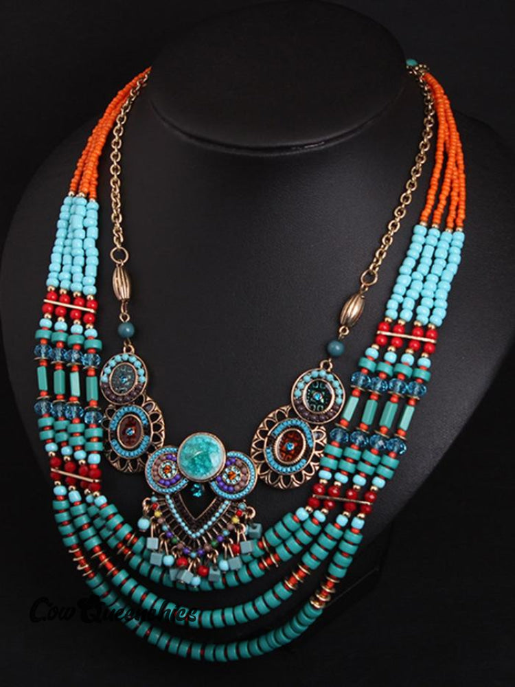 Women Alloy Vintage Necklaces Blue