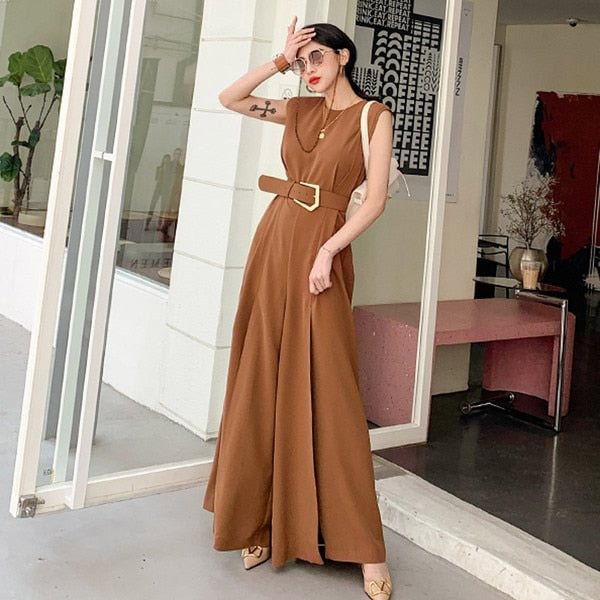New Summer Office Ladies Jumpsuits Bussines Sleeveless O Neck Sashes Overalls Formal Work Wide -Leg Rompers Jumpsuit with Belt