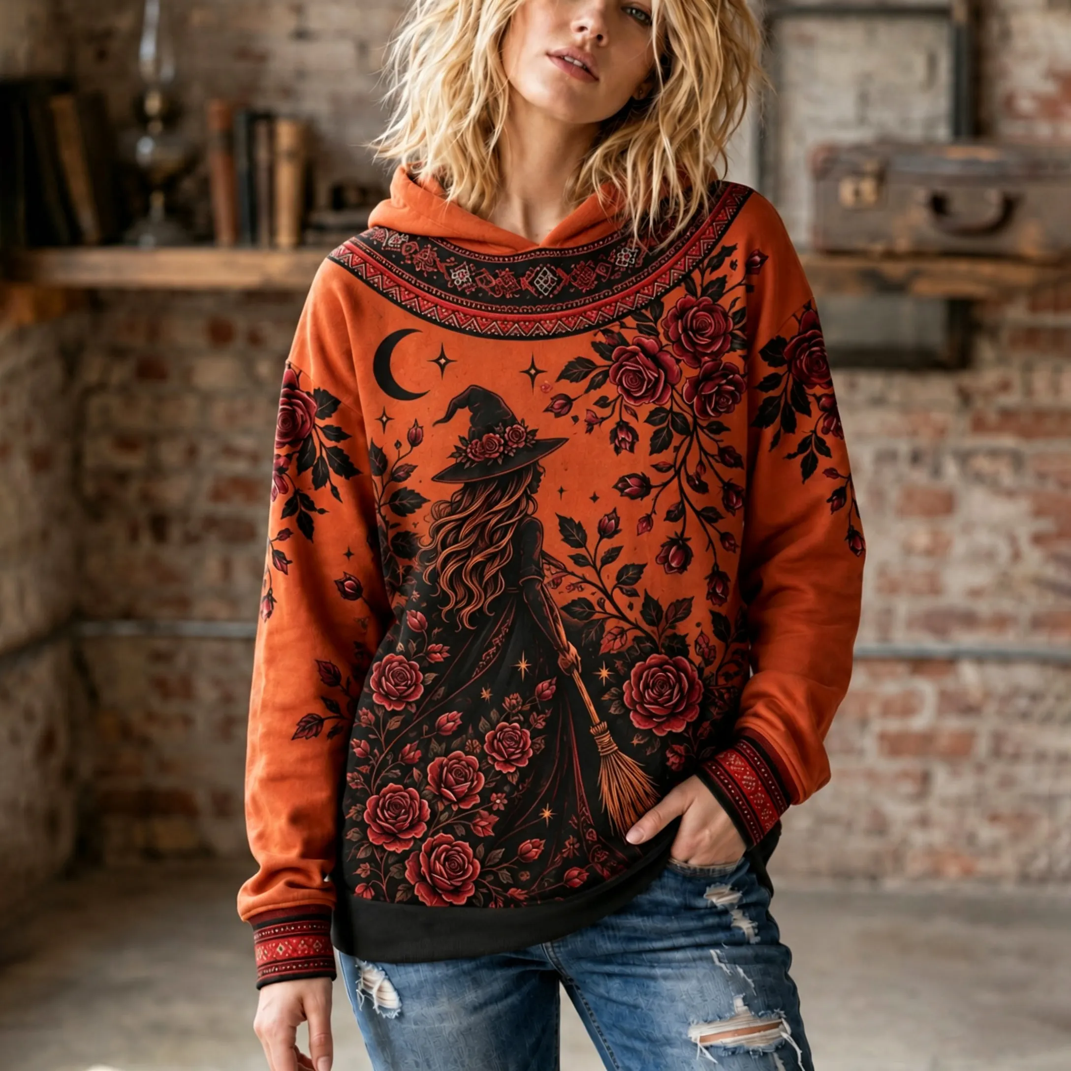 Comstylish Women's Halloween Wizard And Rose Floral Pattern Casual Hoodie