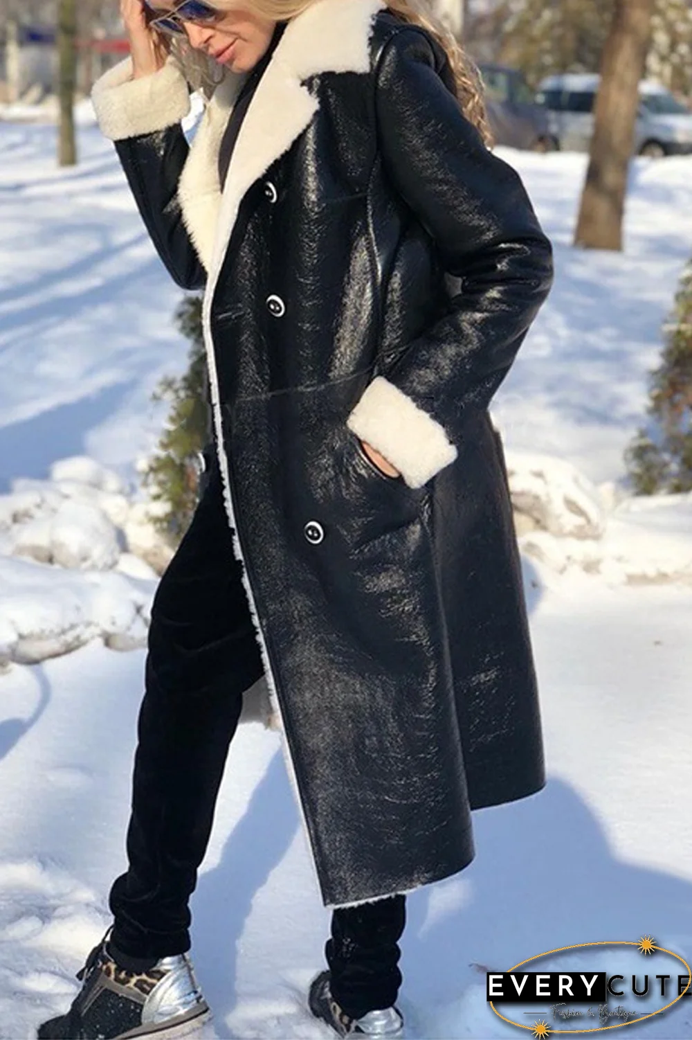 PU Fluffy Solid Color Long Coat