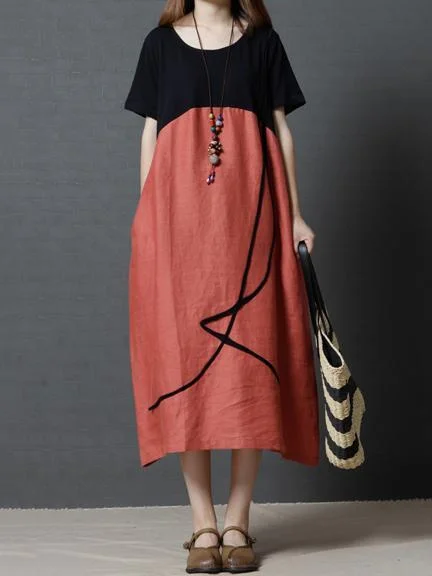 Ramie Cotton Roomy Round-neck Long Dress