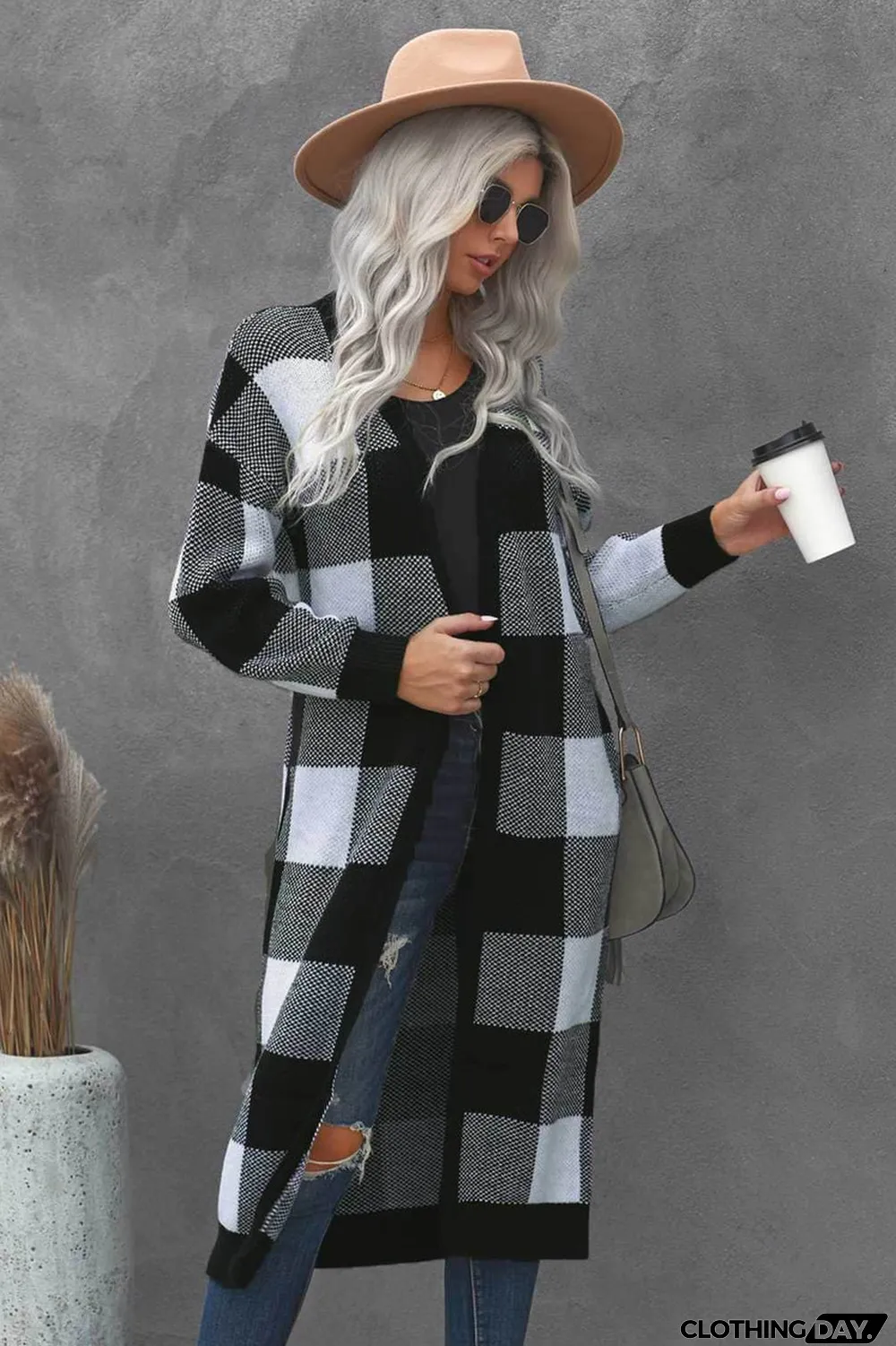 Board Games Pocketed Checkered Cardigan