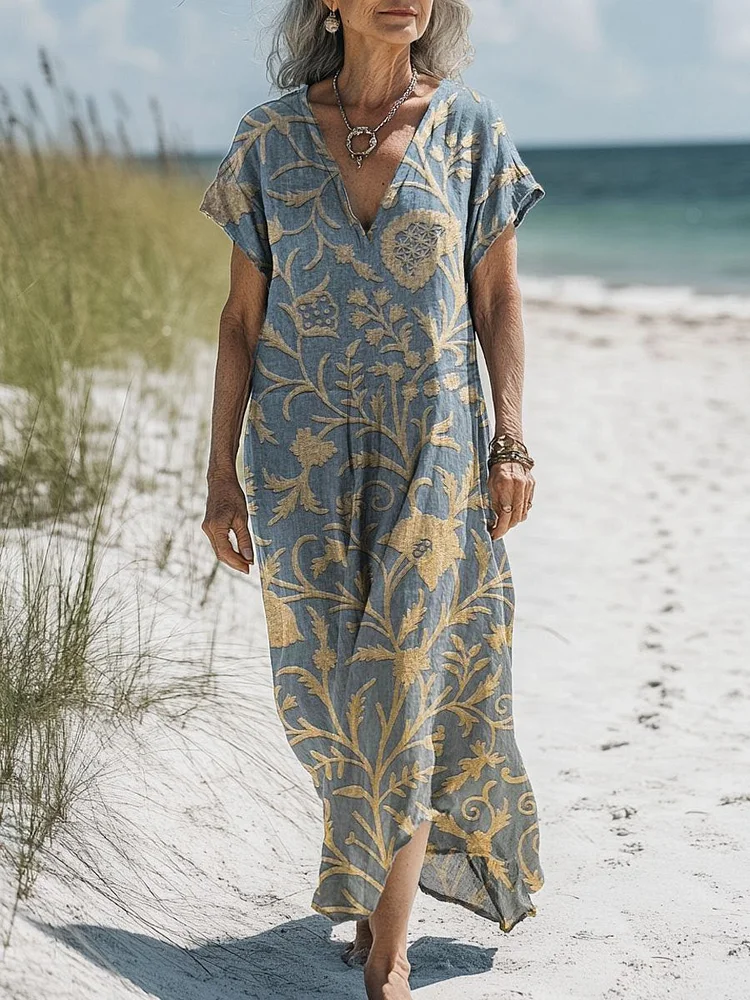 Women's Vintage Lovely Floral Art Print Pocket Cotton Dress