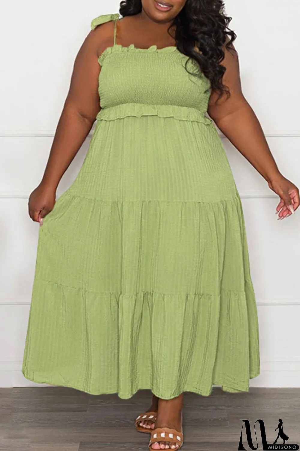 MidiSono - Pink Casual Sweet Solid Bandage Patchwork Fold Spaghetti Strap Sling Dress Plus Size Dresses