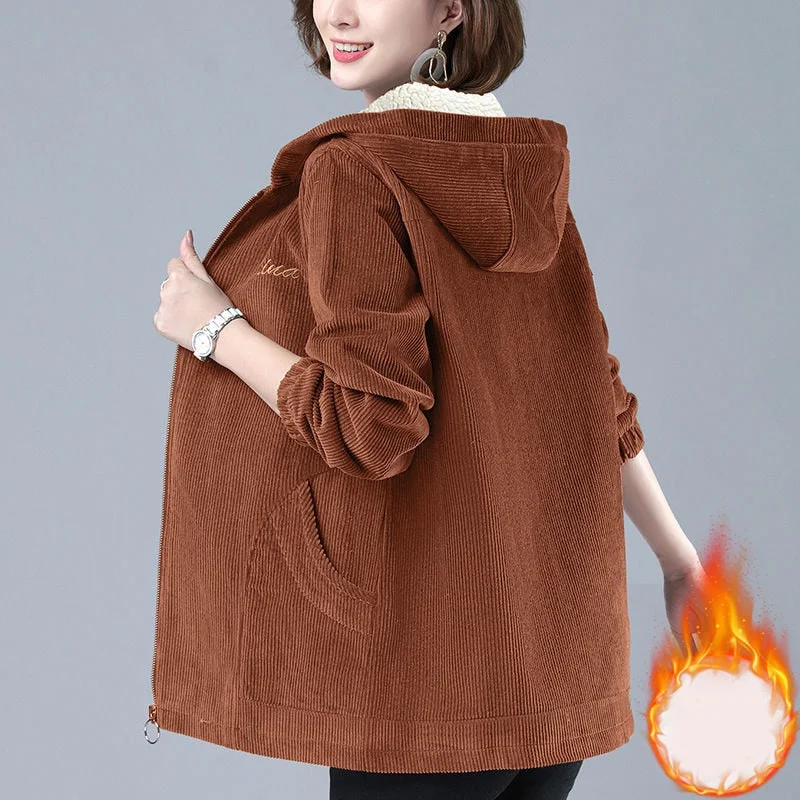 Zoki Warm Women Corduroy Coat Winter Thick Vintage Plus Size Pocket Zipper Female Jacket Hooded Loose Long Sleeve Lady Clothes