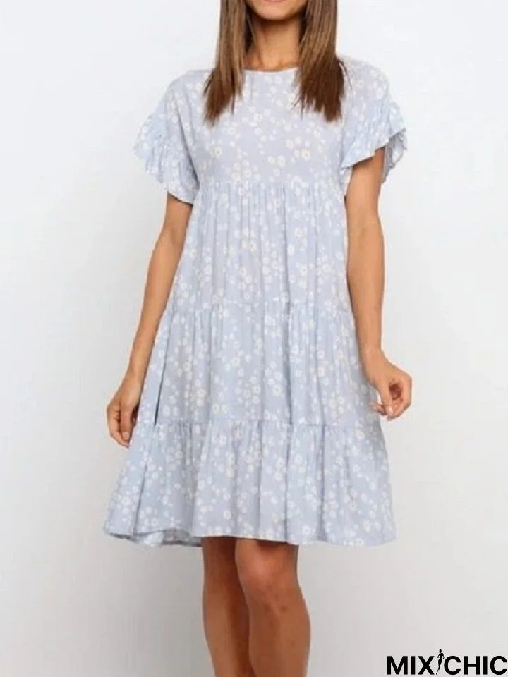 Floral Printed Short Sleeve Splicing Dress