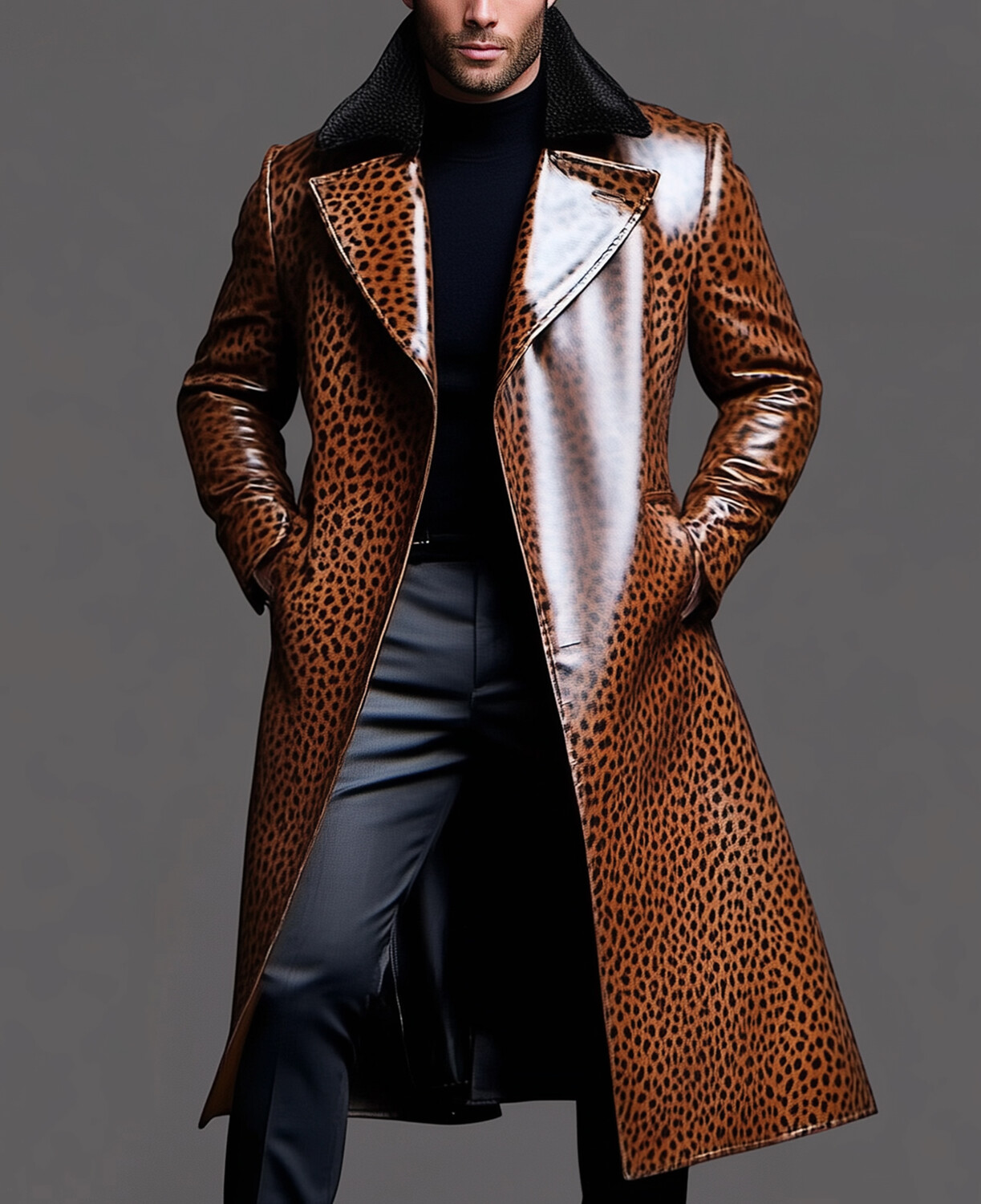 Okaywear Leopard Pattern Notched Lapel Pocket PU Leather Overcoat