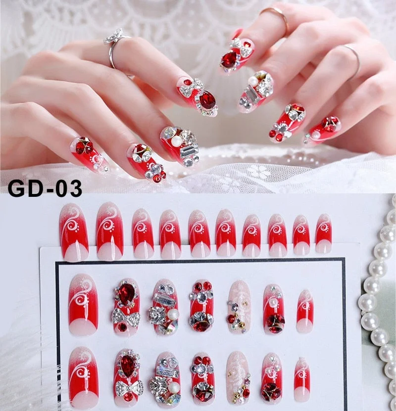 24Pc Rhinestone False Nails Bride Wedding Party Fake Nail Luxury Nail Art Faux Ongles Lady Full Nail Tip Patch with Glue Sticker