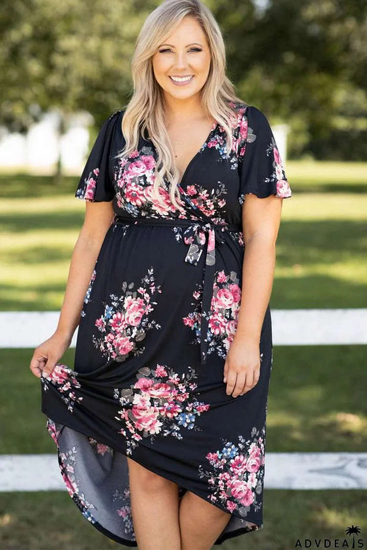 Plus Size Floral V-Neck Asymmetric Midi Dress