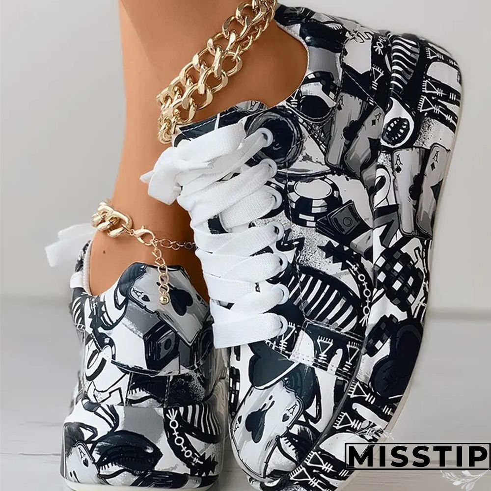 Black Fashion Casual Bandage Graffiti Round Comfortable Out Door Shoes
