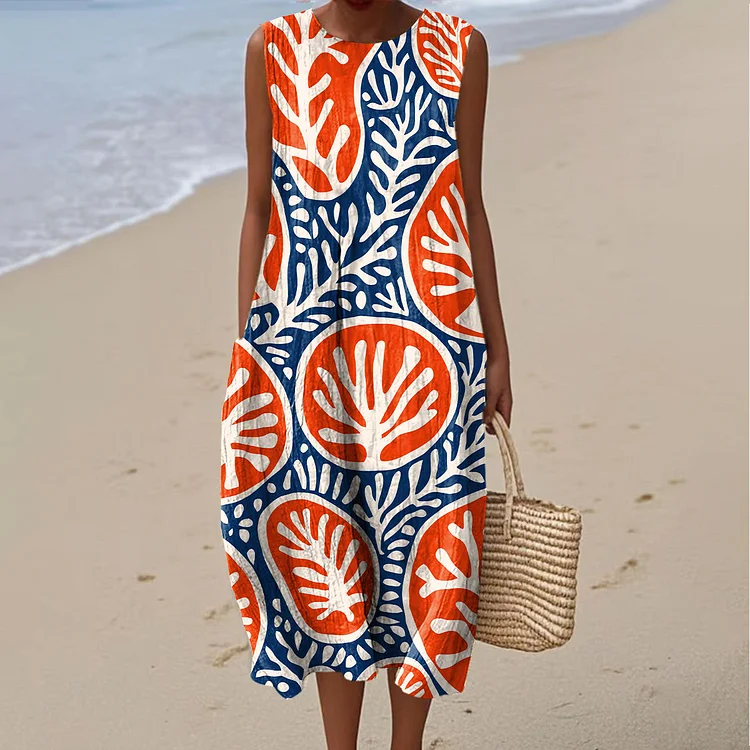 Women's Vintage Color Block Coral Art Print Sleeveless Cotton Pocket Wrap Dress