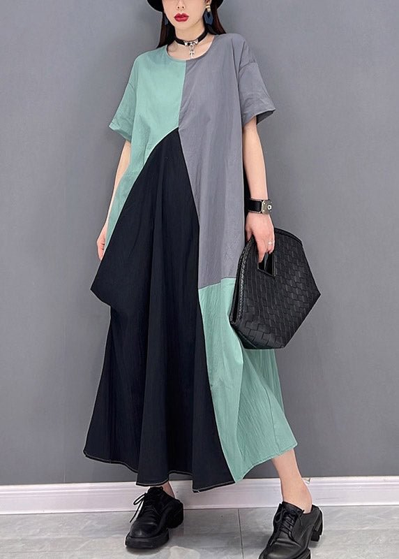 Plus Size Grey Blue Patchwork O-Neck Long Dresses Short Sleeve