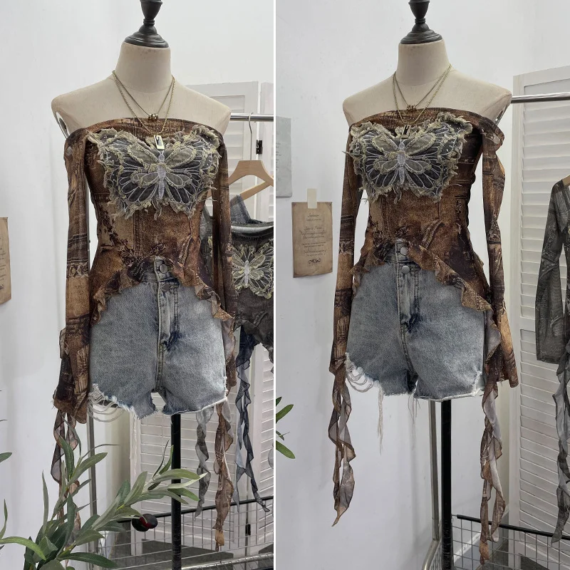 Nigikala Nigikala Shot Raging Butterfly Embroidery Y2k Babes Punk Word Shoulder Tie-Dye Mesh T-Shirt With Short Top 1319