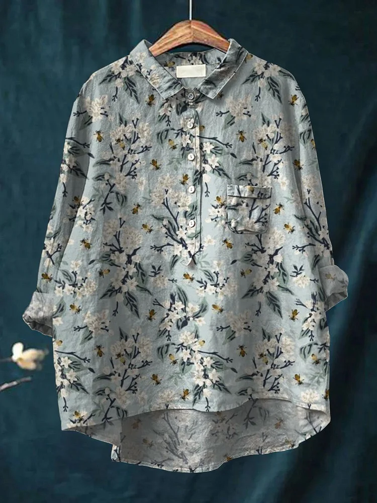 Women's Floral Art Print Casual Cotton And Linen Shirt