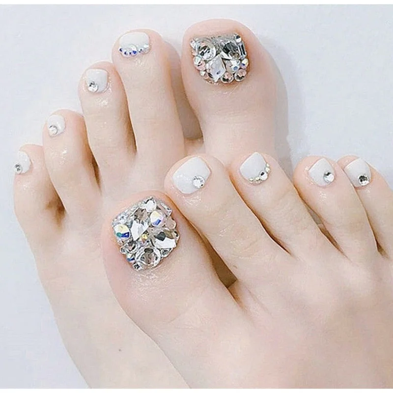 Short False Toenails Full Cover Press On Toenails Artificial Feet Nails Women Girls Glitter Crystal Design  Toe Nail Art Tool-Nail Inspo