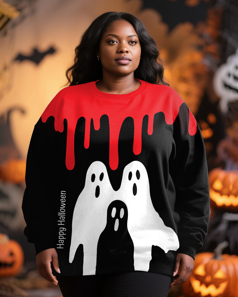 Women's Big And Tall Halloween Black And White Ghost Alphabet Print Crewneck Sweat