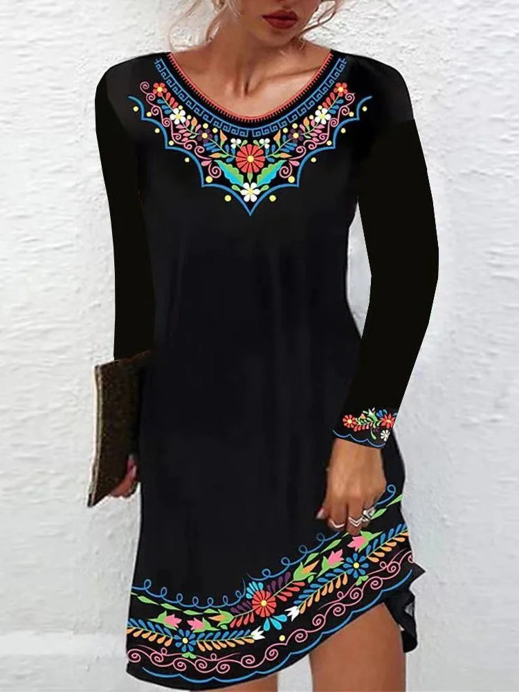 Wholesale plus size clothing  Women Long Sleeve Scoop Neck Printed Midi Dress