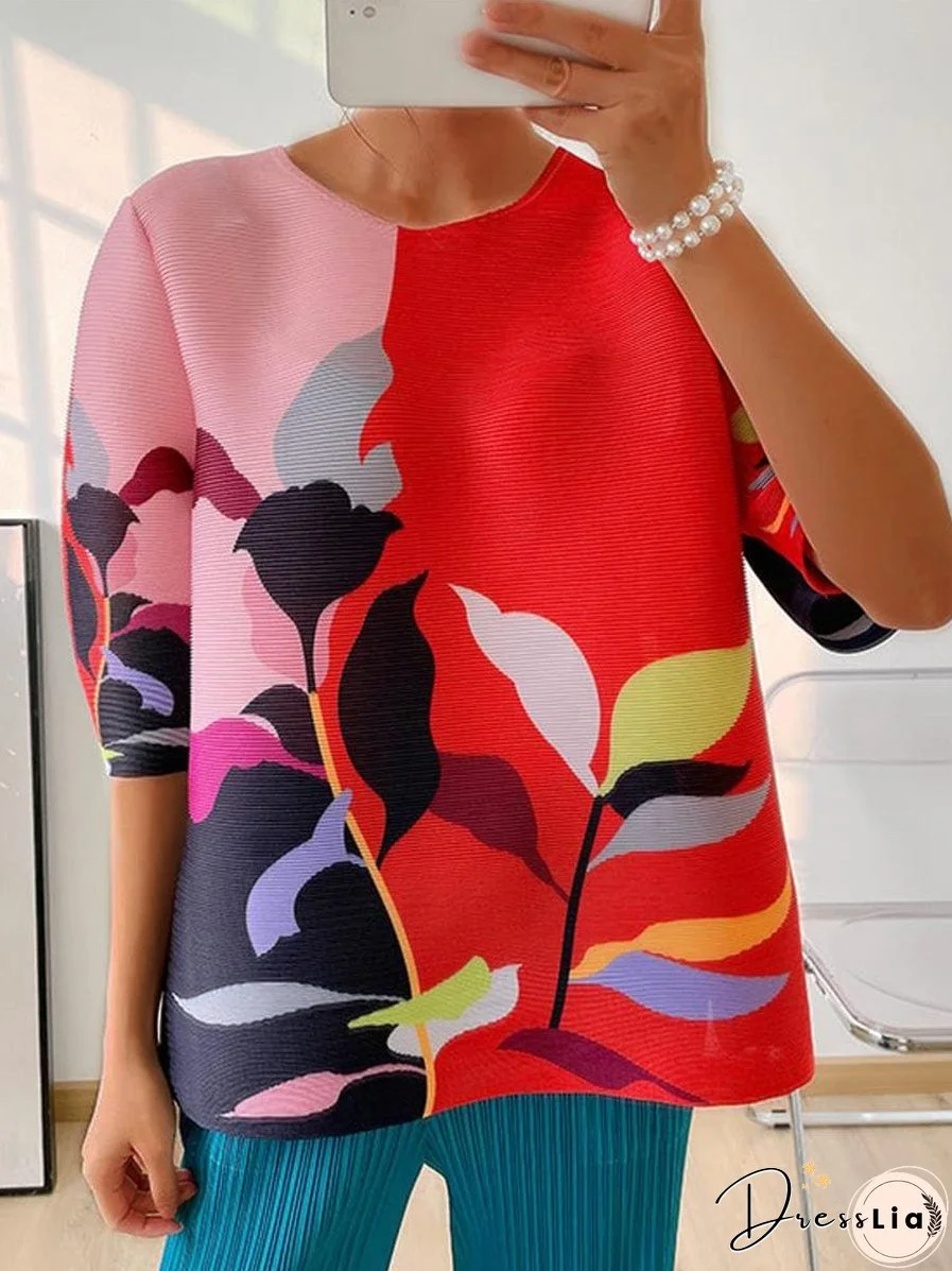 Pleated Print Fashion Round Neck T-Shirt