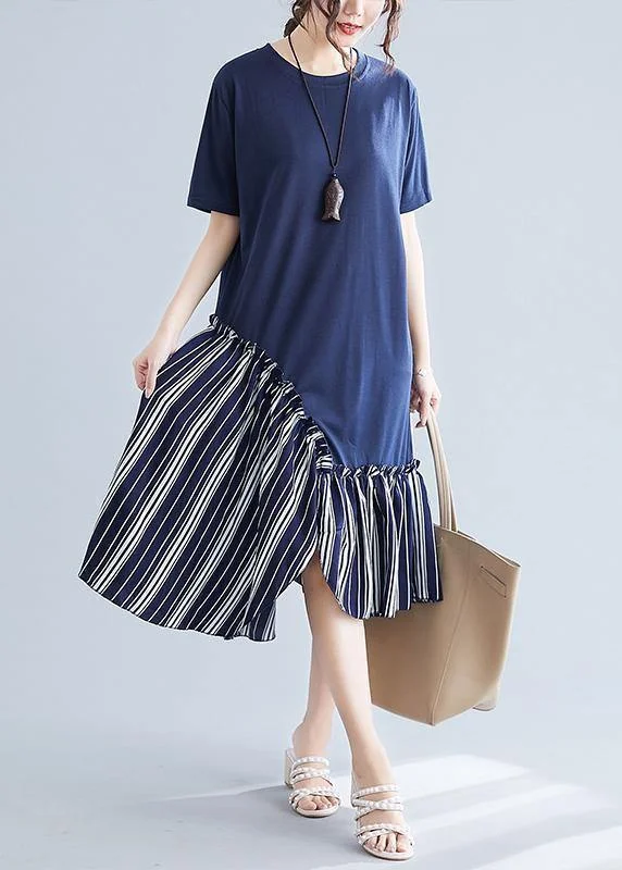 Simple navy patchwork striped cotton Tunics o neck long summer Dress
