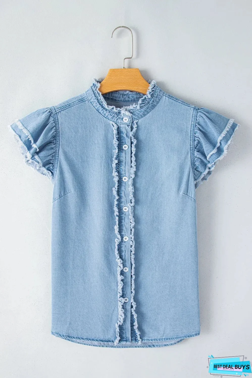 Beau Blue Button Front Ruffled Flutter Frayed Denim Top