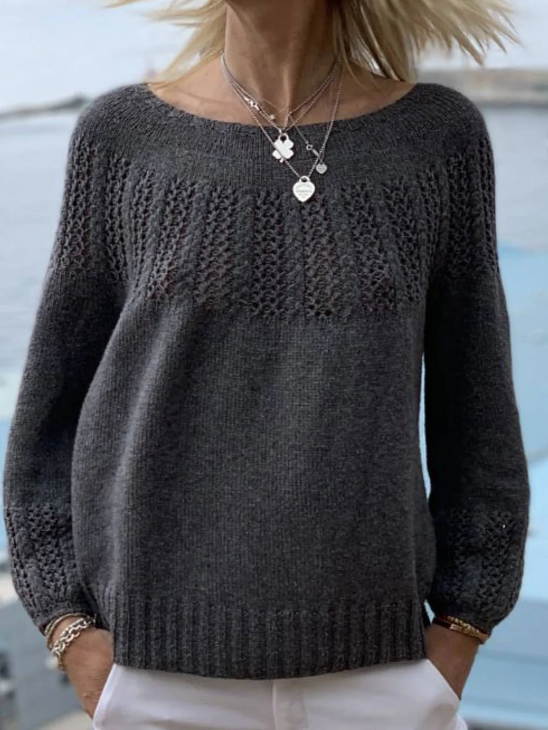 Dark Grey Knitted Casual Outerwear