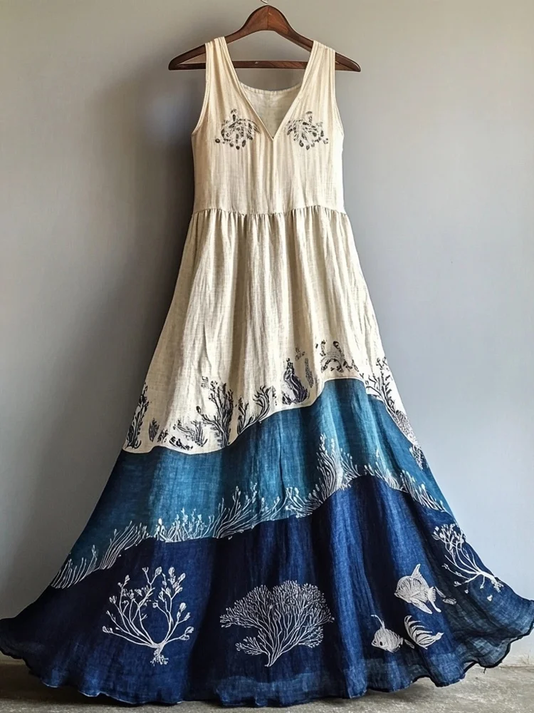 Simpfit Fließendes Nachahmung aus Baumwolle und Leinen-Maxikleid mit V-Ausschnitt im Vintage-Ozean-Stil