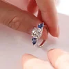 18K White Gold Round Lab Diamond Pear Sapphire Three Stone Ring