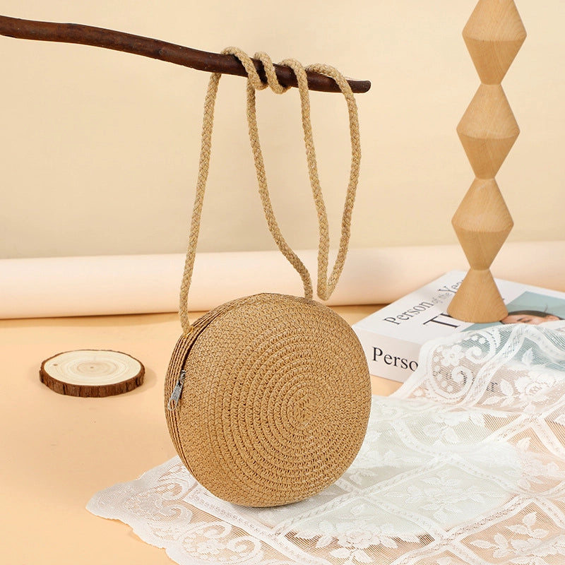 Girl’S Straw Solid Color Cute Round Zipper Shoulder Bag