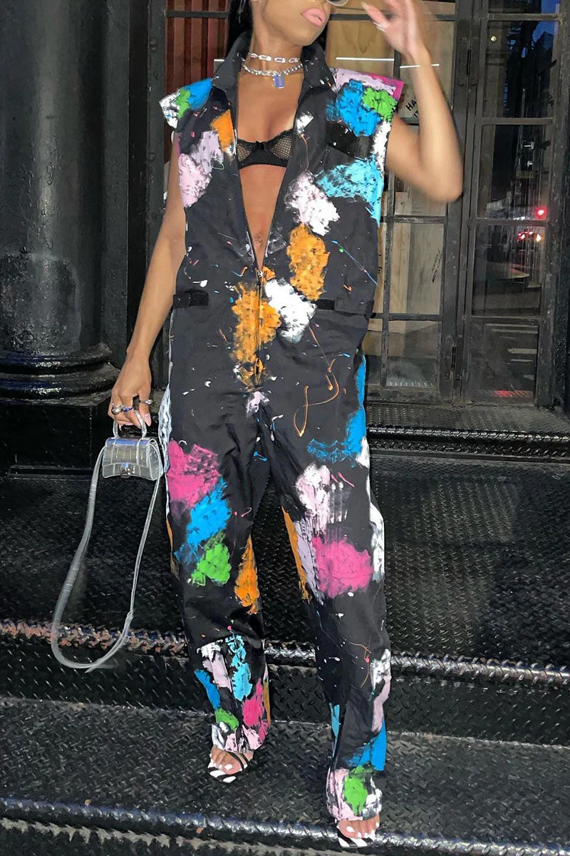 Casual Street Print Split Joint Zipper Asymmetrical Collar Straight Jumpsuits